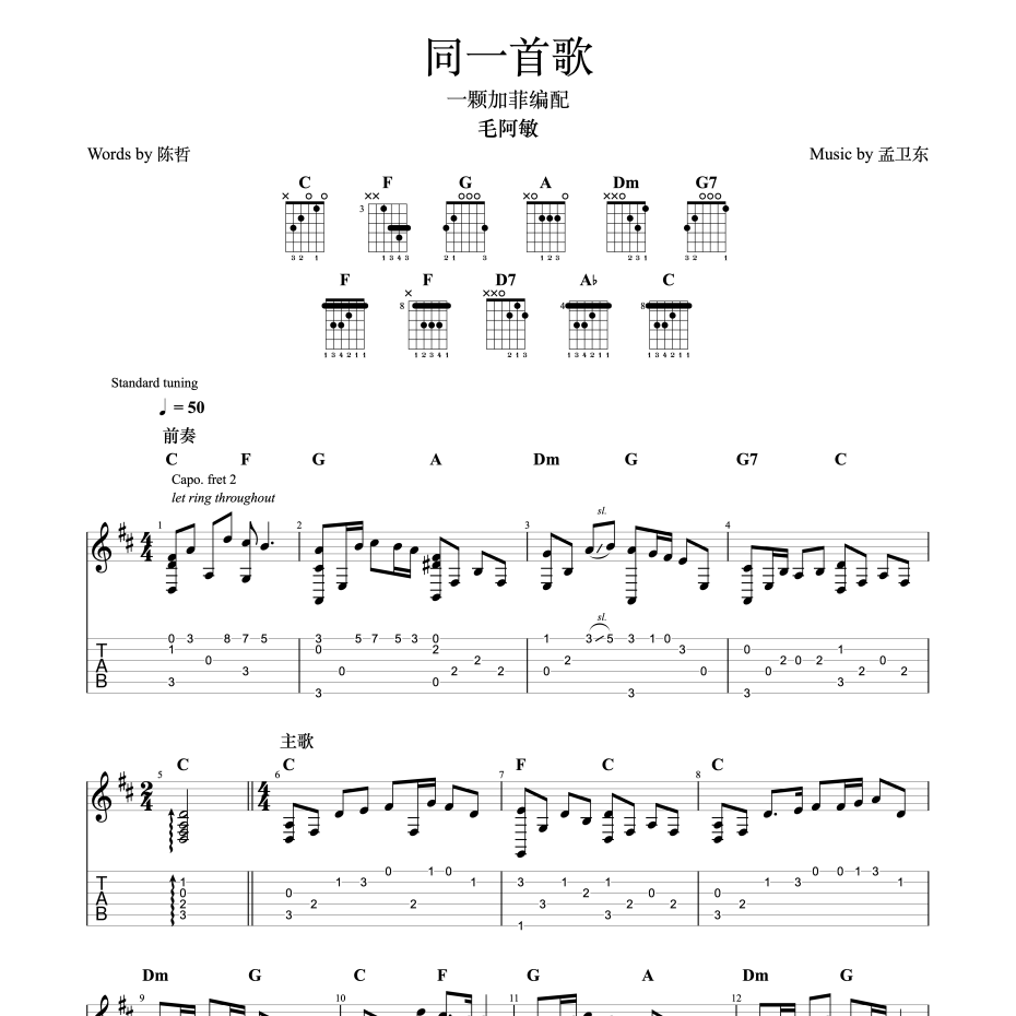 《同一首歌吉他谱》C调_毛阿敏_一颗加菲编配_弹起来真好听1