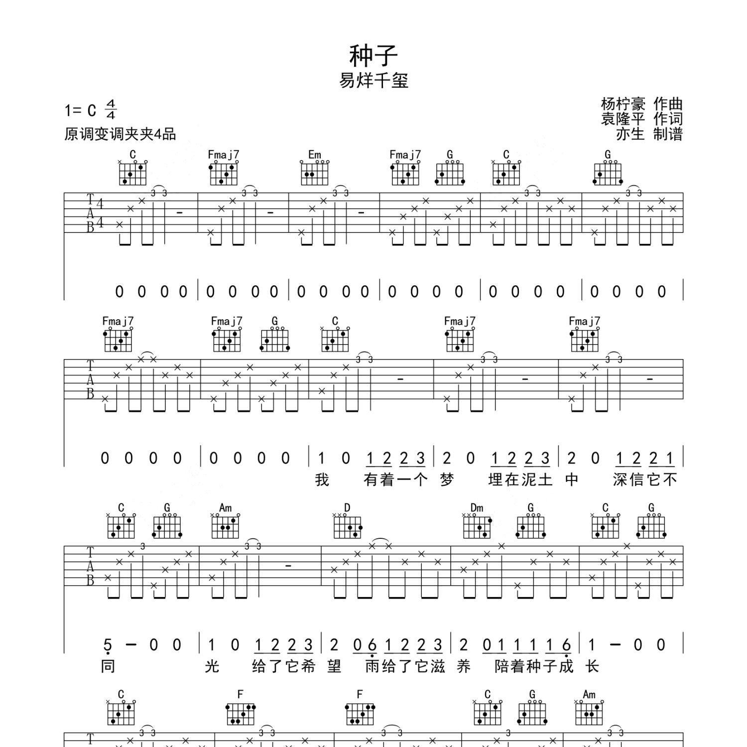 《种子吉他谱》C调_易烊千玺_亦生编配_超好弹又好听1