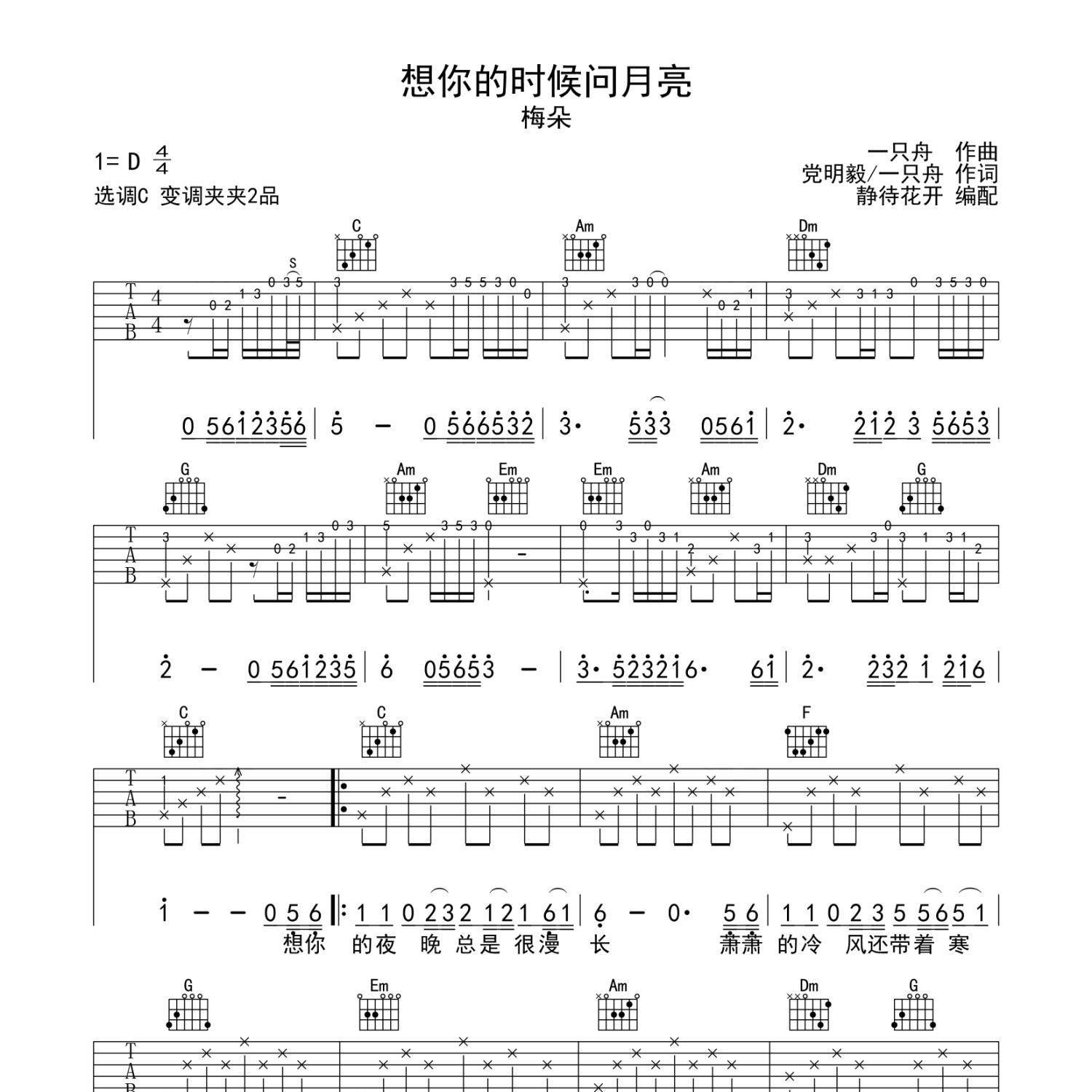 《想你的时候问月亮吉他谱》C调_梅朵_静待花开编配_编配太经典了1