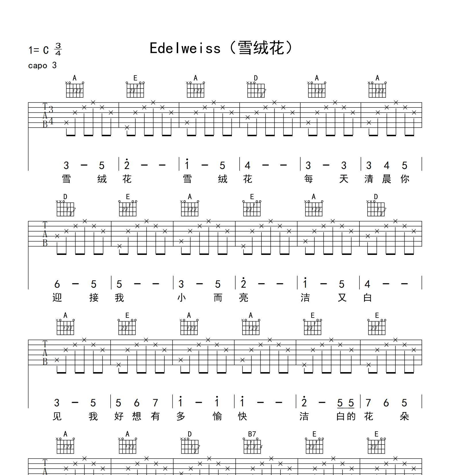 《雪绒花吉他谱》A调_佚名_yuebuding编配_超高还原编配1