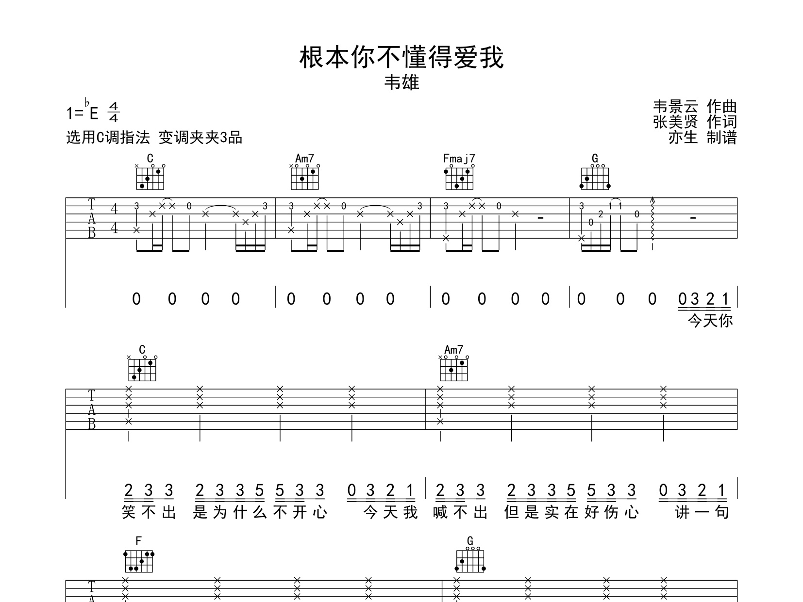 《根本你不懂得爱我吉他谱》C调_梁爽_亦生编配_好听精编版本1