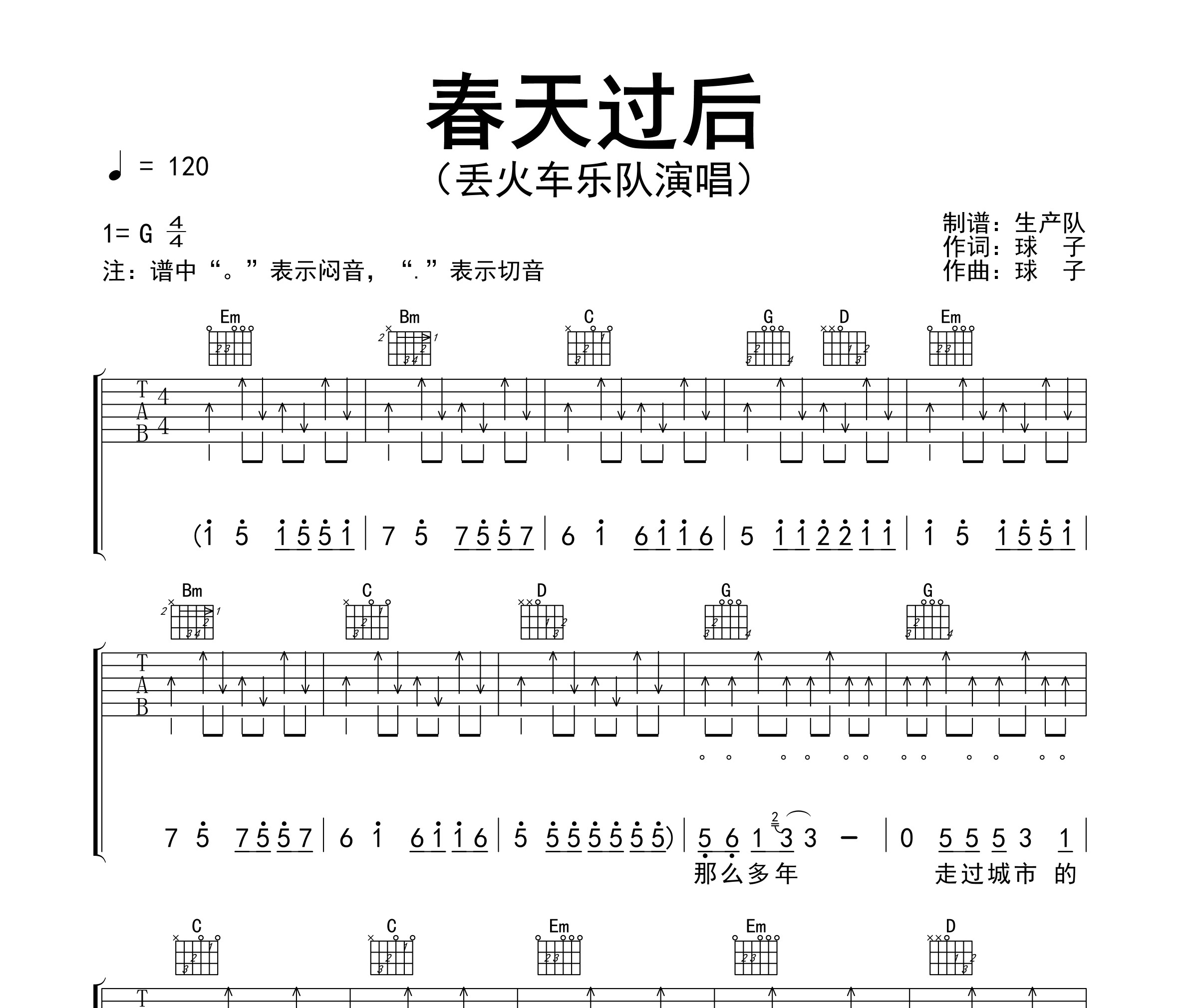 《春天过后吉他谱》G调_丢火车乐队_生产队编配_独特编配超上头1