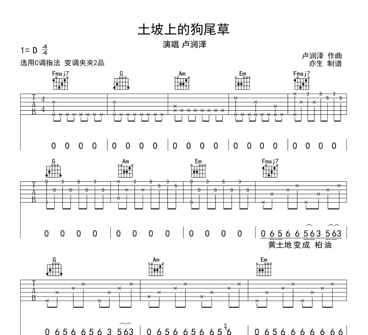 《土坡上的狗尾草吉他谱》C调_卢润泽_亦生编配_好听和弦超简单1